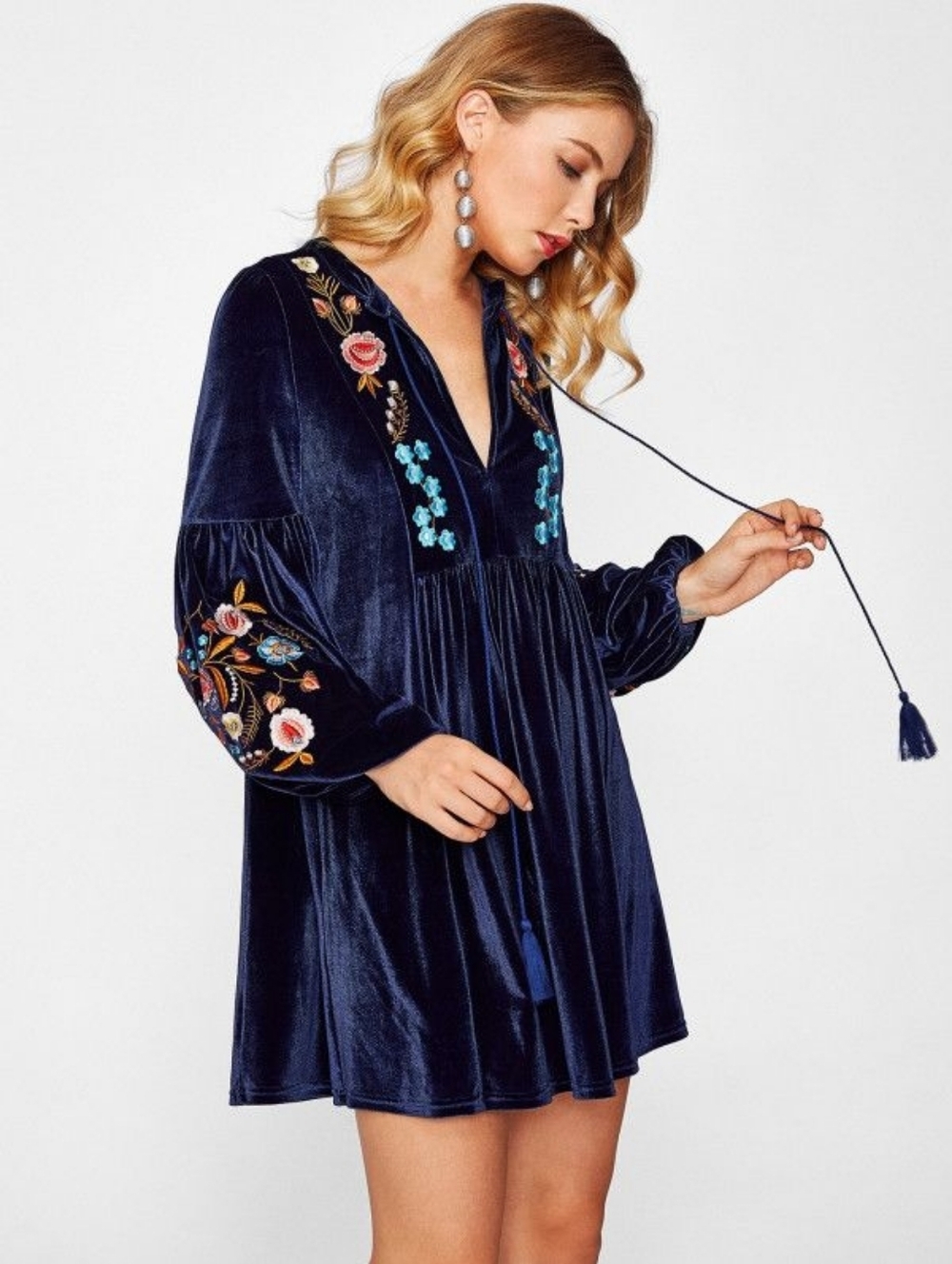 Zara Navy Velvet Embroidered Boho Tunic